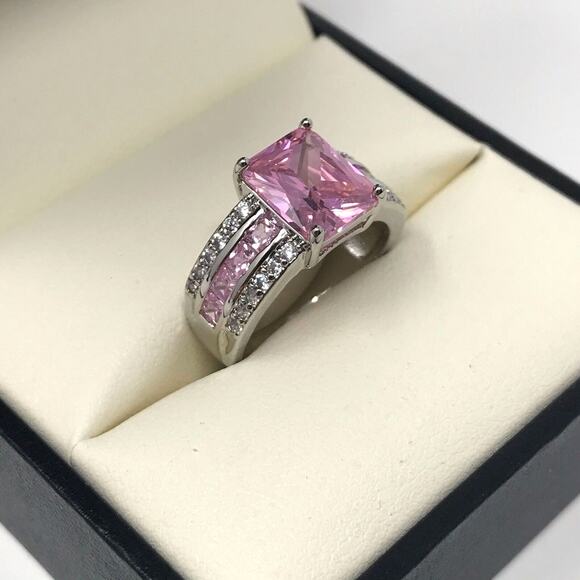 Elegant Pink Square Cut Ring Size 7.5 Silver Tone - Picture 1 of 4